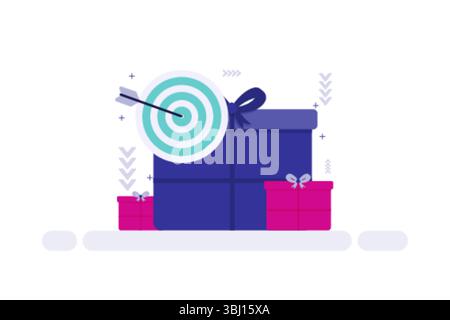 Illustration der gezielten Belohnung – Blaue Geschenkbox mit Bullseye und Pfeil, flankiert von kleineren Geschenken Stock Vektor