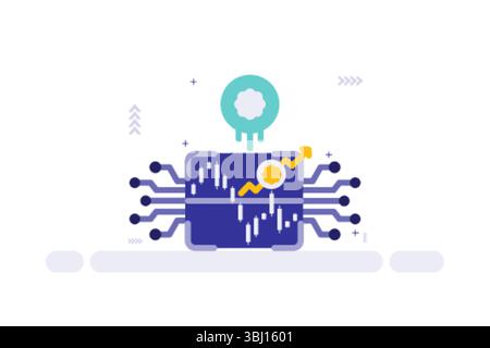 Crypto Growth Microchip Illustration – lila Chip mit Kerzendiagramm, Wolkensymbol und Aufwärtspfeil Stock Vektor