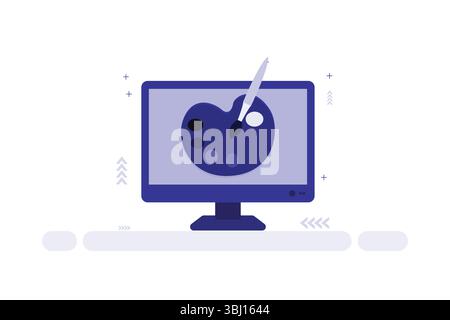 Digital Art Illustration – Computermonitor mit Malerpalette und Pinsel Stock Vektor