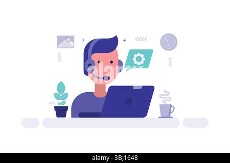 Abbildung für die Remote-Arbeit – Person mit Headset am Laptop, umgeben von Arbeitssymbolen Stock Vektor