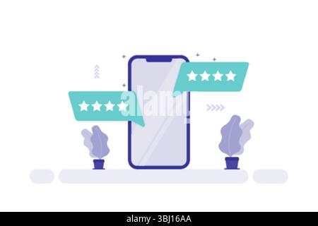 Smartphone-Illustration mit blauer Umrandung, die zwei türkisfarbene Sprechblasen mit jeweils fünf weißen Sternen zeigt, die positive Bewertungen symbolisieren Stock Vektor