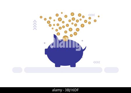 Eine dunkelblaue Schweinebank mit einem runden Körper sitzt auf einer einfachen grauen Oberfläche. Zahlreiche goldene Münzen, gekennzeichnet mit Währungssymbolen, fließen in die Spitze Stock Vektor