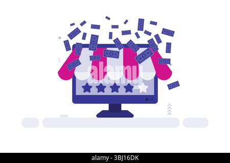 Ein Computermonitor zeigt eine Markise am Schaufensterrand mit rosa und weißen Streifen. Blaue Banknoten verstreuen sich darüber, was auf Online-Verkauf oder elektronischen Handel hindeutet. Stock Vektor