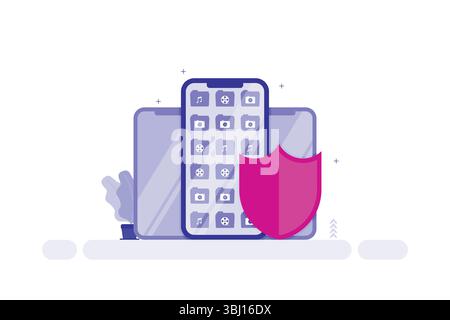 Eine digitale Illustration, die ein Smartphone mit verschiedenen App-Symbolen auf dem Bildschirm darstellt, die sich auf zwei größere Tablets befinden. Stock Vektor