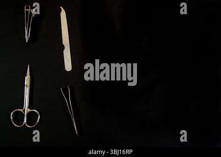 Nagelpflegeset mit Haarschneider, Feile, Schere und Pinzette, ordentlich auf schwarzem Hintergrund angeordnet – saubere, minimalistische Körperpflegewerkzeuge. Stockfoto