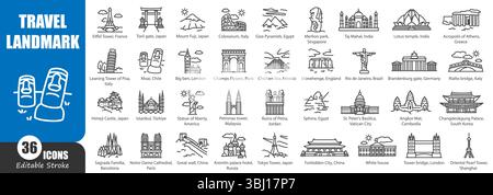 Touristenattraktionen Wahrzeichen Umrisssymbol . Editierbarer Schlaganfall. Vektor . Stock Vektor