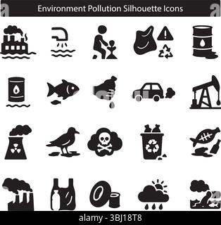 Silhouette-Symbole Für Umweltverschmutzung – Industrie, Abfall, Öl, Luft, Wasser, und Klimagefahren Stock Vektor