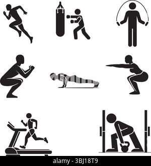 Set mit Symbolen für Fitnessübungen – Workout, Cardio, Kraft, Fitnessstudio und Trainingsposen Stock Vektor