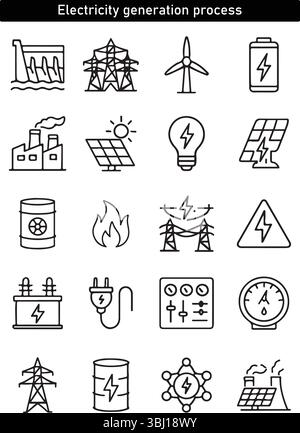 Symbole für die Stromerzeugung – Energie, Energiequellen, Übertragung und erneuerbare Systeme Stock Vektor
