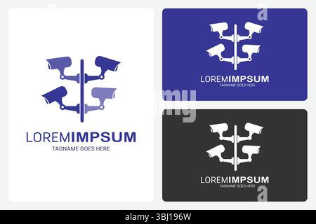 Netzwerklogovorlage Für Überwachungskameras. Dieses Logo bezieht sich auf Überwachungskameras, es stellt ein Sicherheitsüberwachungssystem für Gebäude dar Stock Vektor