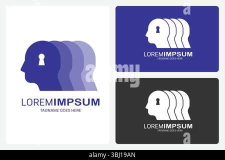 Neuro Unlock Logo-Vorlage. Dieses Logo hat vier menschliche Köpfe, die sich überlappen. Der erste Kopf hat ein Schlüsselloch, das Ideen zum Lernen zeigt. Stock Vektor