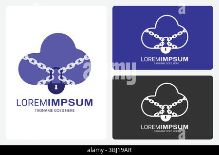 Secure Cloud-Logo-Vorlage. Dieses Logo zeigt eine Wolke, die in Ketten gewickelt und mit einem Vorhängeschloss verschlossen ist. Sie steht für einen starken Schutz von Cloud-Daten. Stock Vektor