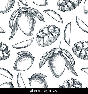 Nahtloses Mango-Muster. Handgezeichnete Vektorgrafik. Lebensmittel vegetarische Bio-Produkte Hintergrund. Stoffdesign, Geschenkpapier, Textilpri Stock Vektor