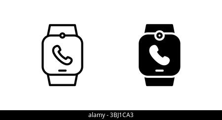 Smartwatch-Anrufsymbole. Ein schwarzes Symbol einer Smartwatch mit einem Telefongriff in der Mitte, das Anrufe über Smartwatch darstellt. Stock Vektor