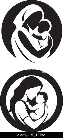 Zwei Versionen einer Mutter-Baby-Silhouette, eine mit einer stilisierten Mutterfigur und die andere mit einem realistischeren Stil. Stock Vektor