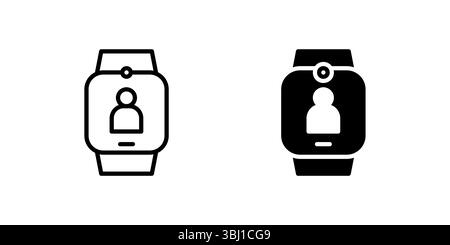Smartwatch Videoanruf-Symbolsatz. Ein schwarzes Symbol einer Smartwatch mit einem Personensymbol in der Mitte, das Videoanrufe über Smartwatch darstellt. Stock Vektor