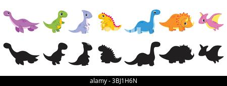 Verschiedene Arten von Dinosauriern und ihre Silhouetten. Vektor-Zeichentrick-Illustration. Stock Vektor