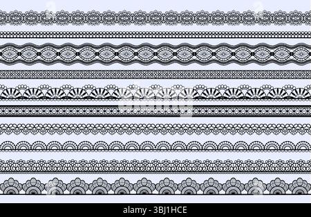 Spitzenmuster. Schwarzer Besatz. Stoffstruktur mit einfachem Rahmen. Geometrisches Jacquard-Ornament. Wiederholter Aufdruck mit Mesh-Stickerei. Elegantes filigranes Band. Set mit dekorativen Bandlinien. Nahtloses Vektordesign Stock Vektor