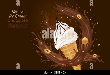 3d Eis. Weicher Eiskegel, Schokoladensauce und süße Sauce. Vanillemilch, knusprige Waffelglasur und Haselnussfliegen, Werbebanner, Sommerwerbung. Vektorwerbung Stock Vektor