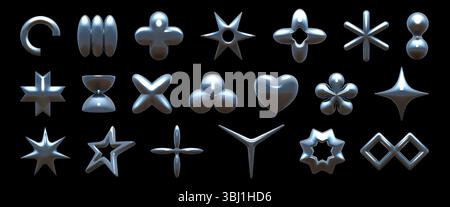 3D y2k Formen. Abstrakter Chromstern, silberne Blume für grafisches Design oder kreatives Retro-Design aus Aluminium, moderne trendige Kunst, geometrische Elemente aus metallischer Folie. Vektor isoliertes Dekorationsset Stock Vektor