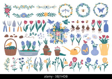 Frühlingsblumen. Einfache Blumenpflanze, süße ostertulpe und Blatt Naturgarten. Sommerblume. Dekorative Rahmen und Rahmen, Gießkanne und Töpfe. Vektor-Cartoon flache Art isoliertes Muster Stock Vektor