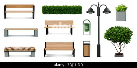Parkbank. 3D-Holzstuhl. Straßenlaterne und Gartenmöbel aus Holz. Dekoratives urbanes Äußere. Öffentlicher Außensitz mit Mülleimer. Hecke und Baum. Städtische Taschenlampe. Vektorrealistische Objekte festgelegt Stock Vektor