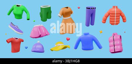 3D-Mode. Kleidung und Schuhe. Weibliches Renderoutfit. Modisches Kleid oder Rock. Farbenfrohe Männerbekleidung. T-Shirt mit Shorts. Realistischer Stauraum. Hut und Mantel. Stilvolle Ausstellung. Vektorkleidung Set Stock Vektor