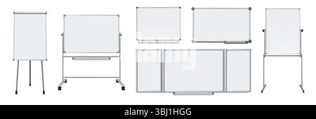 Präsentationstafel. Whiteboard für das Büro. 3D-Schulworkshop oder Bildungsartikel. Quadratischer Bildschirm der Klasse. Leere Tafel an Wand oder Stativ. Magnetisches Hinweisschild. Vektor isolierte weiße Tafeln Set Stock Vektor