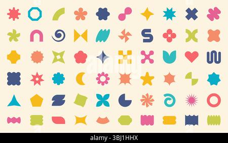 Abstrakte Formen. Stickermuster, organische Blume, Sterne und geometrische Formen, Herz und Kreis, Icon Silhouette, grafisches Etikett oder Geometrie Pop Art, y2k Rahmen. Vektorkonstruktion einfache Elemente Stock Vektor
