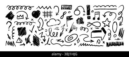 Pinselpfeil. Zeichnen Sie handgezeichnete Kreideformen. Abstrakte Zeichnungen mit Bleistifttextur. Einfache Skizze mit quadratischem Stift. Pinselstriche. Buntstift-Kritzelsymbole. Konturmarkierung. Grunge-Grafik. Schwarze Vektorsymbole gesetzt Stock Vektor