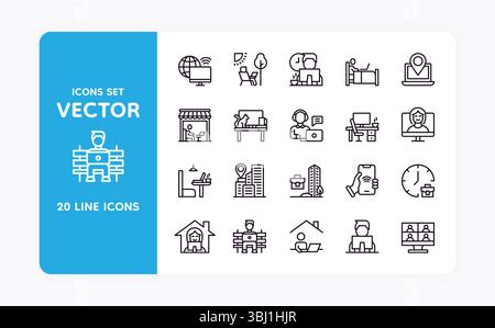 Symbole für Home Work. Computer auf dem Schreibtisch. Remote-Job. PIN für die Lage der Stadt. Person Arbeiter auf Parkbank. Mitarbeiter im Geschäftszimmer. Bürogebäude. Deadline Time. Freelancer am Laptop. Konturen für Vektorlinien festgelegt Stock Vektor