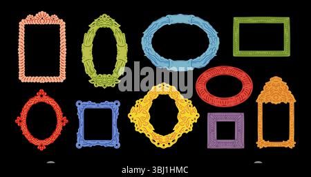 Spiegelrahmen. Wandmalerei, Fotomotiv mit Kritzeleien, antikes Wandquadrat oder alte dekorative Form. Moderner, leerer Raum. Farbenfrohe, elegante runde Rahmen. Dekorative Silhouetten. Isolierter Designsatz für Vektorbegrenzung Stock Vektor