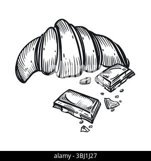 Französisches Croissant mit Schokoladenscheiben und Krümeln, handgezeichnet im Vektor in dunkelgrau. Vektor-Illustration von Süßigkeiten. Geeignet zum Bedrucken von Lebensmitteln Stock Vektor
