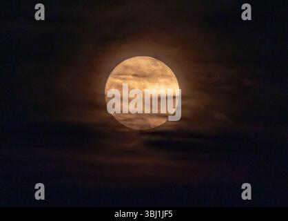 Ein goldener Vollmond, der nachts durch Wolken aufsteigt. Stockfoto