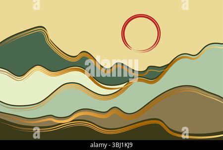 Illustration der Berglandschaft mit goldenem Kunstmuster Mid Century Modern Art Print Stock Vektor