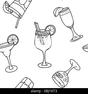 Nahtloses Cocktailmuster. Aperol Spritz, Margarita, Bellini, Tequila Sunrise und Sangria. Handgezeichnete Grafik Vektor-Illustration im Doodle-Stil. Stock Vektor