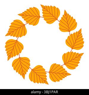 Einfacher, gelber, oranger Rahmen mit Birkenblatt. Niedliche Kranzkante aus Herbstlaub. Hallo Herbst. Vektor-jahreszeitliche Darstellung. Vorlage für Poster Stock Vektor