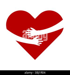 Symbol Für Herzumarmung. Eine stilisierte Herzform, die sanft von zwei weißen Armen umarmt wird, die Mitgefühl, Empathie, Liebe, Sorgfalt, Unterstützung. Stock Vektor