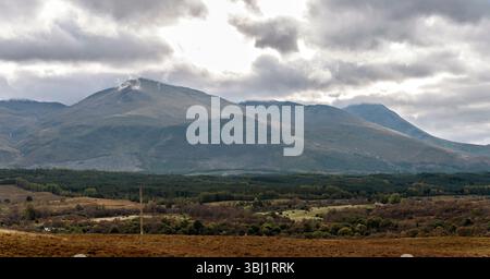 Die Nevis Range vom Aussichtspunkt des Commando Memorial über der Spean Bridge im Norden. Mit Aonach Mor, Carn Mor Dearg und Ben Nevis. Stockfoto