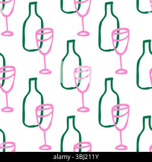 Nahtloses Muster mit Weinflaschen und Gläsern, modernes minimalistisches Design mit Weinmotiven Stock Vektor