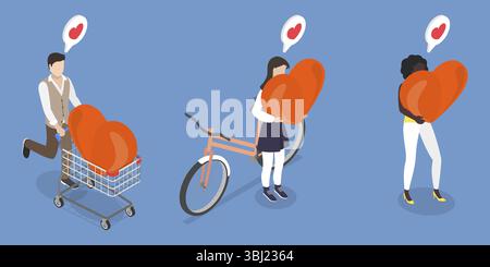 3D Isometrische flache Illustration der Liebe, Menschen tragen große Herzen Stockfoto