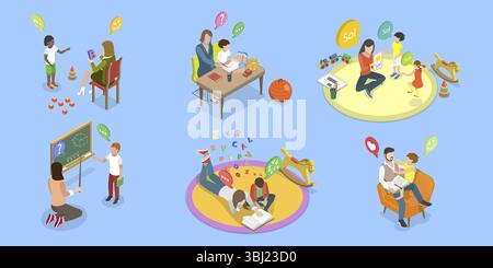 3D Isometrische flache Gruppe von Eltern, die mit ihren Kindern lernen und gemeinsam an Bildungsaktivitäten teilnehmen Stockfoto