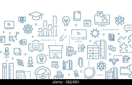 Online-Lernen, Fernunterricht, Internetzugang, Arbeitsumgebung, Computerausrüstung, moderne Schreibtischgestaltung mit Symbolen und minimalem Konturstil. Stock Vektor