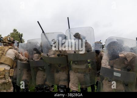 Los Angeles, Usa. Juni 2025. US-Marines mit 2. Bataillon, 7. Marine-Regiment, 1. Marine-Division, üben nichttödliche Taktiken, nachdem sie von Präsident Donald Trump als Reaktion auf Einwanderungsproteste am 11. Juni 2025 in Los Angeles, Kalifornien, in Alarmbereitschaft versetzt wurden. Trump entsandte 700 US-Marines und 4.000 Nationalgarde-Truppen, um Bundeseigentum und Bundesagenten zu schützen. Quelle: CPL. Jaye Townsend/USA Marine Corps/Alamy Live News Stockfoto