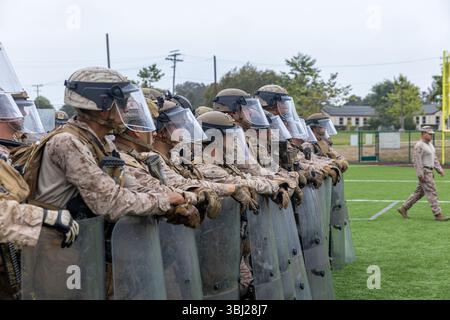 Los Angeles, Usa. Juni 2025. US-Marines mit 2. Bataillon, 7. Marine-Regiment, 1. Marine-Division, üben nichttödliche Taktiken, nachdem sie von Präsident Donald Trump als Reaktion auf Einwanderungsproteste am 11. Juni 2025 in Los Angeles, Kalifornien, in Alarmbereitschaft versetzt wurden. Trump entsandte 700 US-Marines und 4.000 Nationalgarde-Truppen, um Bundeseigentum und Bundesagenten zu schützen. Quelle: CPL. Jaye Townsend/USA Marine Corps/Alamy Live News Stockfoto