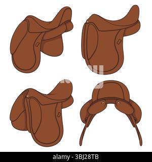 Satz farbiger Illustrationen mit braunem Pferdesattel. Isolierte Vektorobjekte auf weißem Hintergrund. Stock Vektor