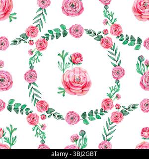 Nahtloses Muster mit süßrosafarbenem Blumenaquarell. Weiche Pastellfarben Wasserfarben nahtloses Muster für Schönheitsprodukte oder andere. Stockfoto