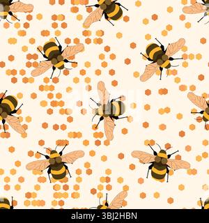 Nahtloses Muster mit Bienen. Kleine Wespe. Vektorabbildung. Design für Einladung, Karten, Textil, Stoff. Doodle-STYLE Stock Vektor