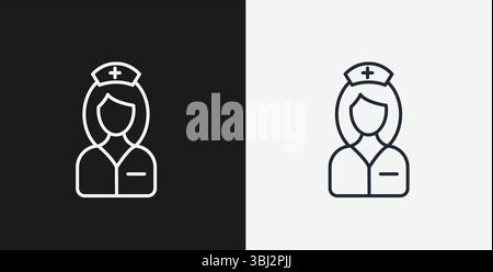 Weibliche Krankenschwester in Uniform mit medizinischem Hut auf Schwarz-weiß-Hintergrund, repräsentiert Healthcare oder medizinische Beruf, White Outline Icon Stock Vektor