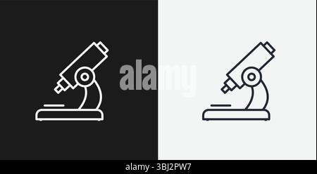 Labormikroskop auf Schwarz-weiß-Hintergrund, das Wissenschaft, Forschung oder Biologie repräsentiert, weißes Umrisssymbol Stock Vektor